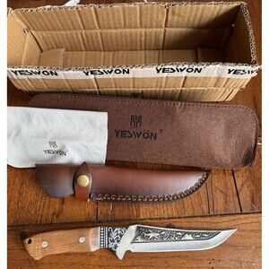 YESWON Fixed 6" Blade Hunting Knife and Leather Sheath New